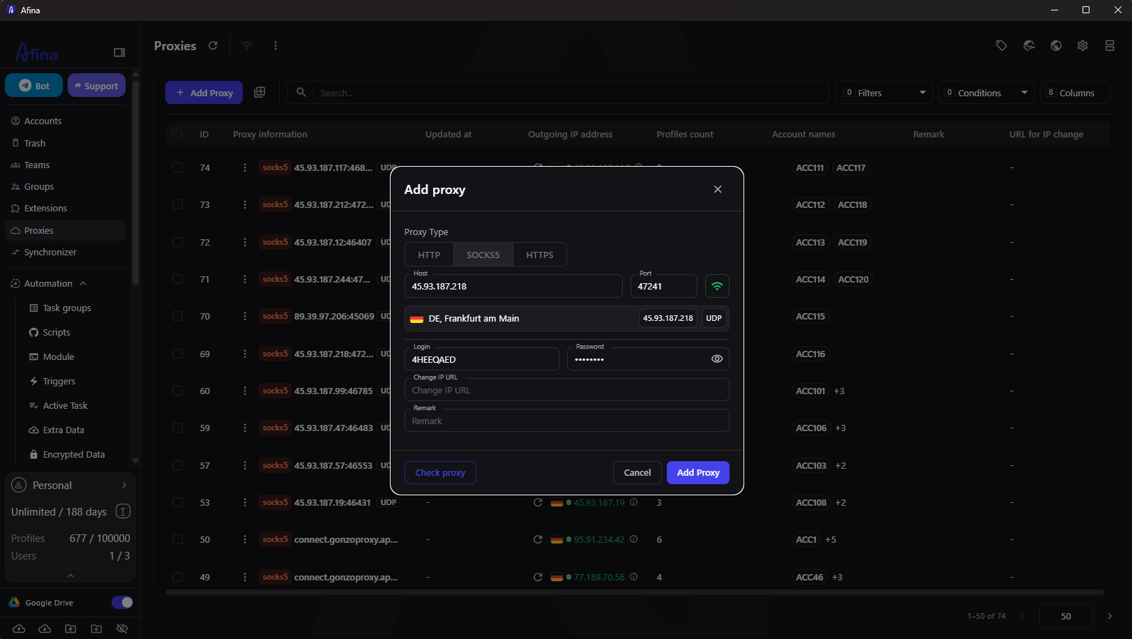 Afina Browser proxy import and management interface