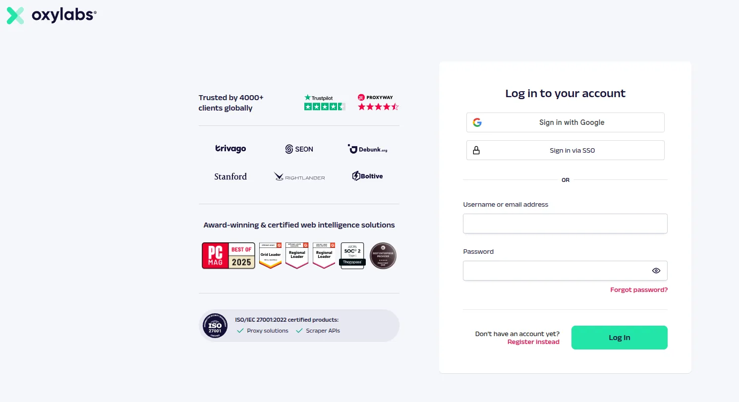 Oxylabs Login Interface